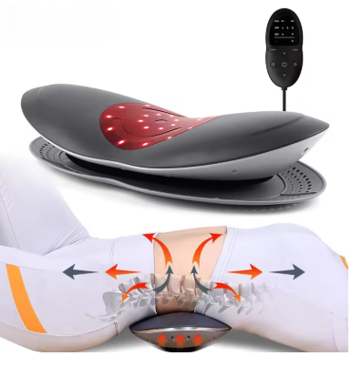 Electric Lumbar Massager with remote control demonstrating dynamic lumbar traction on a person lying down