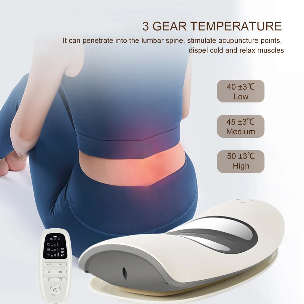 White lumbar massager with 3 gear temperature settings – 40°C low, 45°C medium, 50°C high, infrared heat therapy for back pain