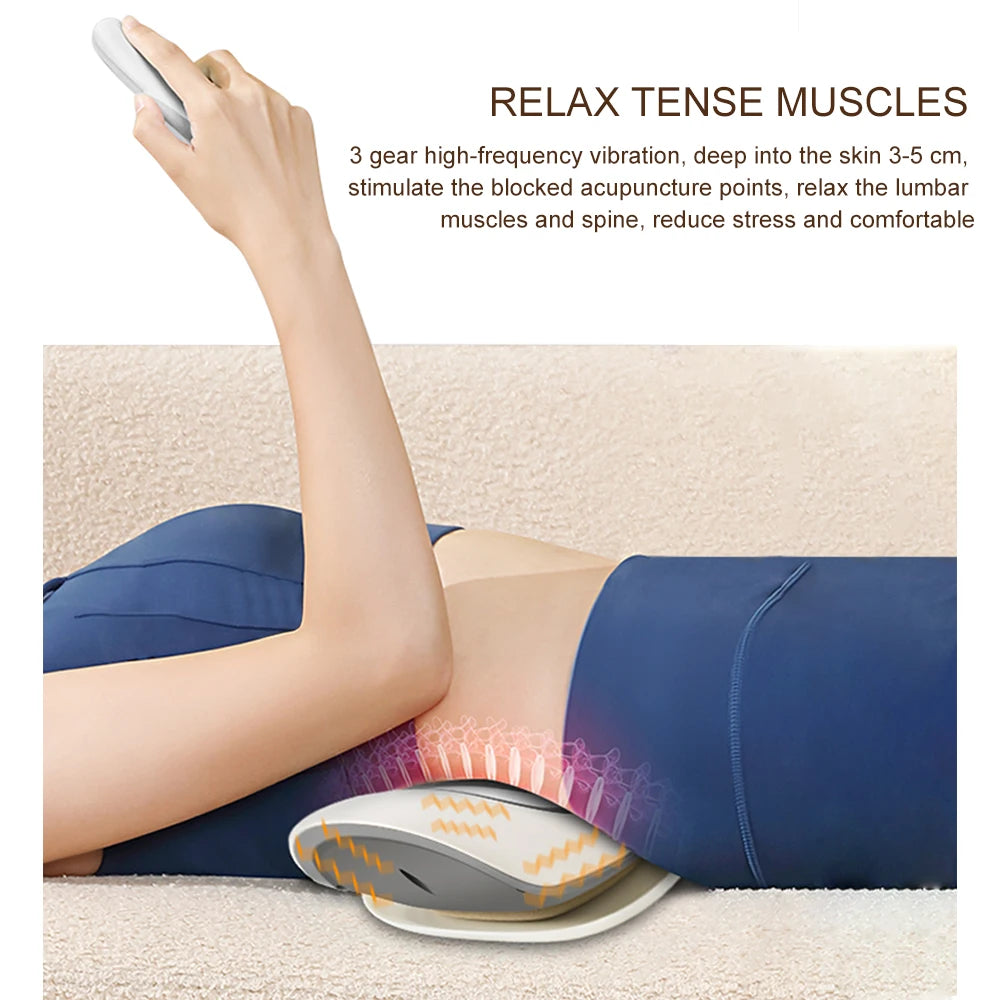White lumbar massager in use – 3 gear high-frequency vibration to relax tense muscles, stimulate acupuncture points, and reduce stress