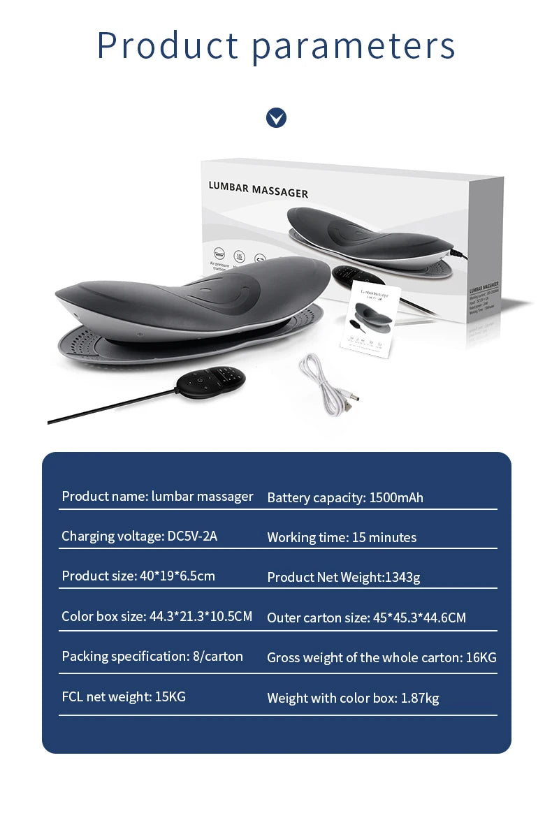 Electric Lumbar Massager product parameters with remote control, charging cable, and packaging box – showing size, weight, battery capacity, and technical specifications