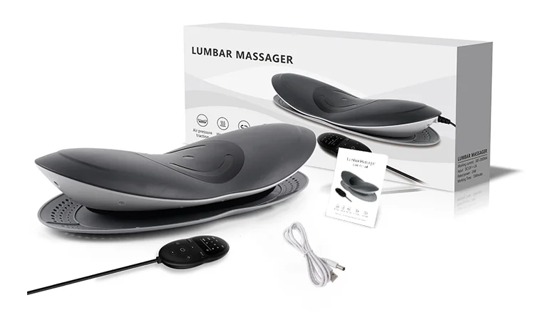 Electric Lumbar Massager full package including device, remote control, USB charging cable, and user manual with product box