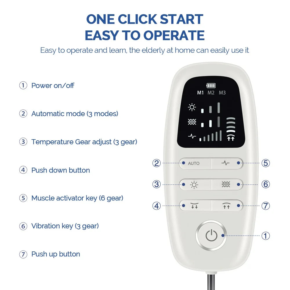 Remote control for white lumbar massager – easy to operate with one click, 3 modes, heat adjustment, vibration, and muscle activator settings
