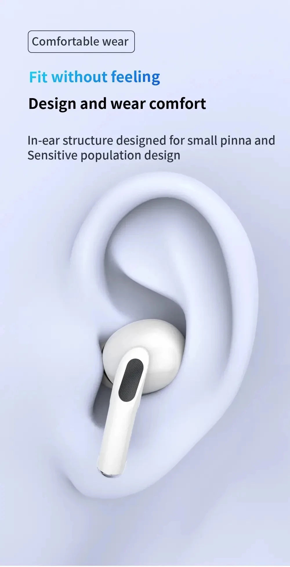 Pro 5 Wireless Earbuds in-ear design – lightweight and comfortable fit for all-day wear.