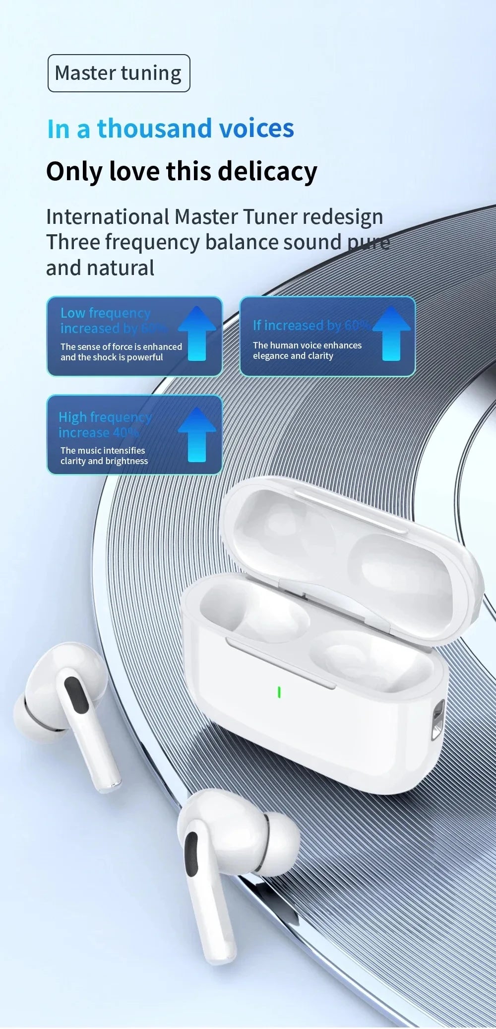 Pro 5 Wireless Earbuds with master tuning – balanced three-frequency sound for natural audio.