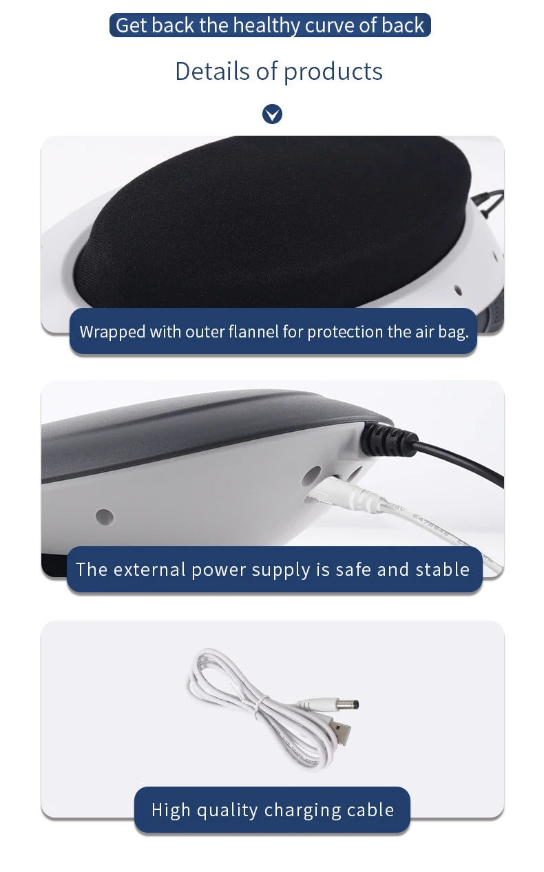 Electric Lumbar Massager product details showing airbag protection cover, external power connection, and high-quality charging cable