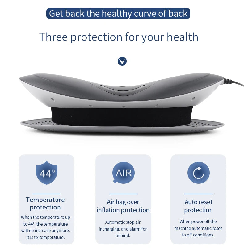 Electric Lumbar Massager with three protection features: 44°C temperature control, airbag over-inflation protection, and automatic reset