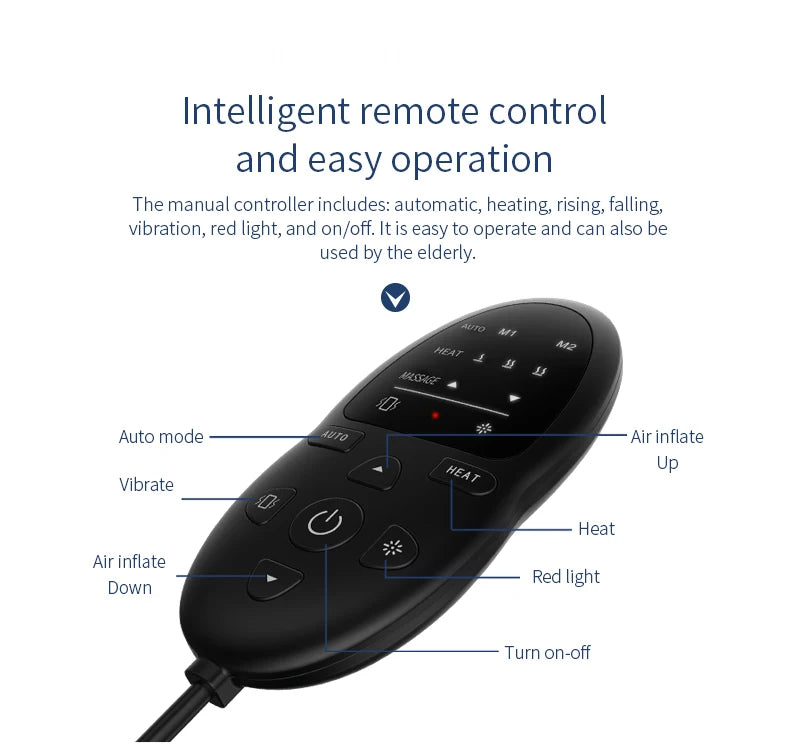 Intelligent remote control for Electric Lumbar Massager with buttons for auto mode, heat, vibration, red light, and air inflation adjustment