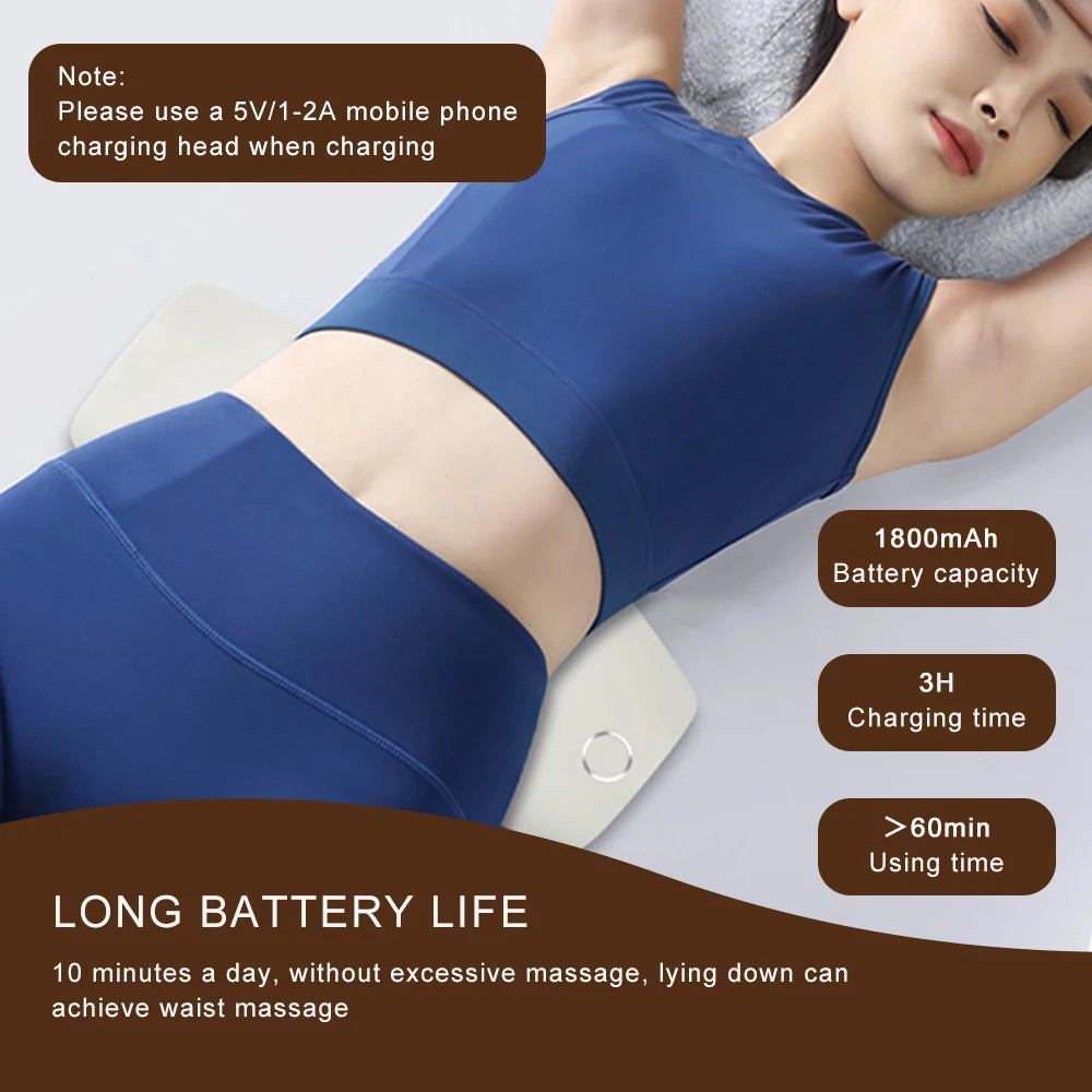 White lumbar massager with long battery life – 1800mAh capacity, 3 hours charging, over 60 minutes use, shown in use by a woman