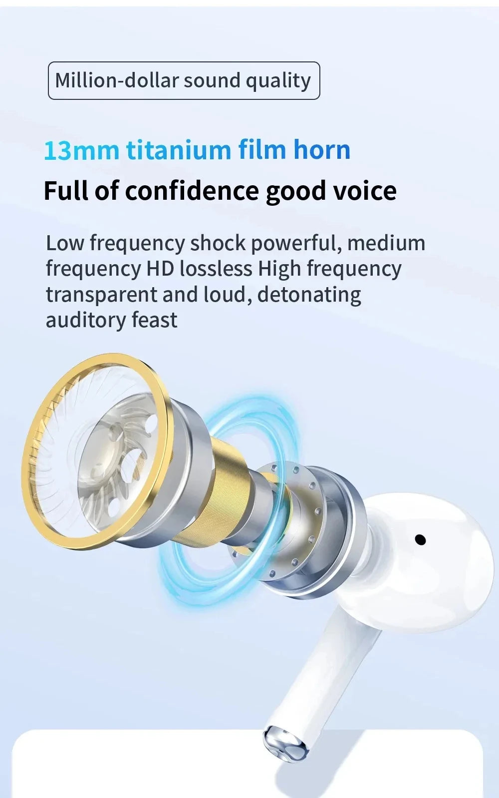 Pro 5 Wireless Earbuds with 13mm titanium film horn – powerful bass and high-definition sound.