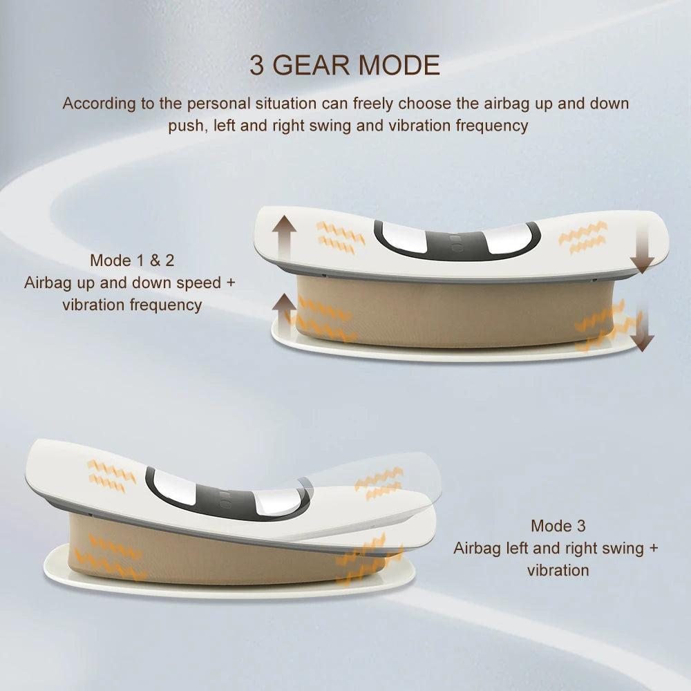 White lumbar massager showing 3 gear modes – airbag up and down vibration, and left-right swing with vibration