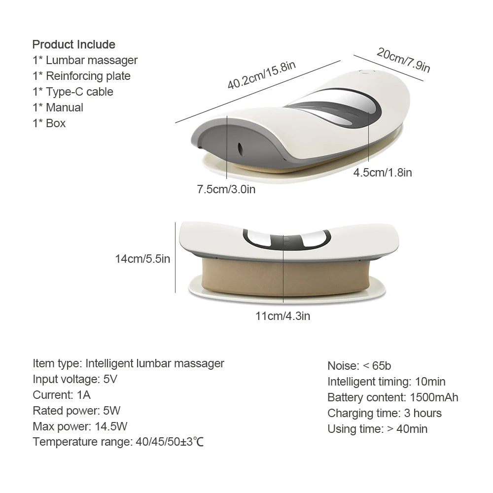 White intelligent lumbar massager product dimensions and specifications – 40cm length, 20cm width, 14cm height, 1500mAh battery, 3h charging