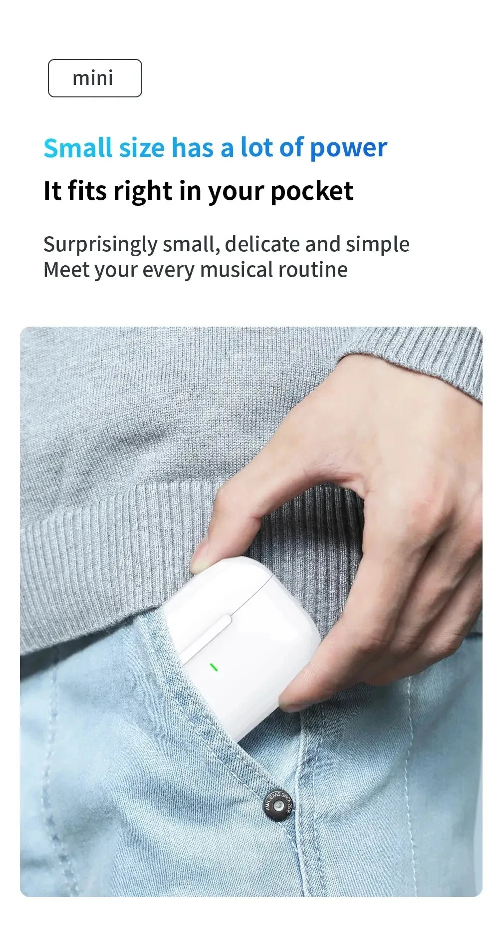 Pro 5 Wireless Earbuds mini charging case – compact size fits easily in your pocket
