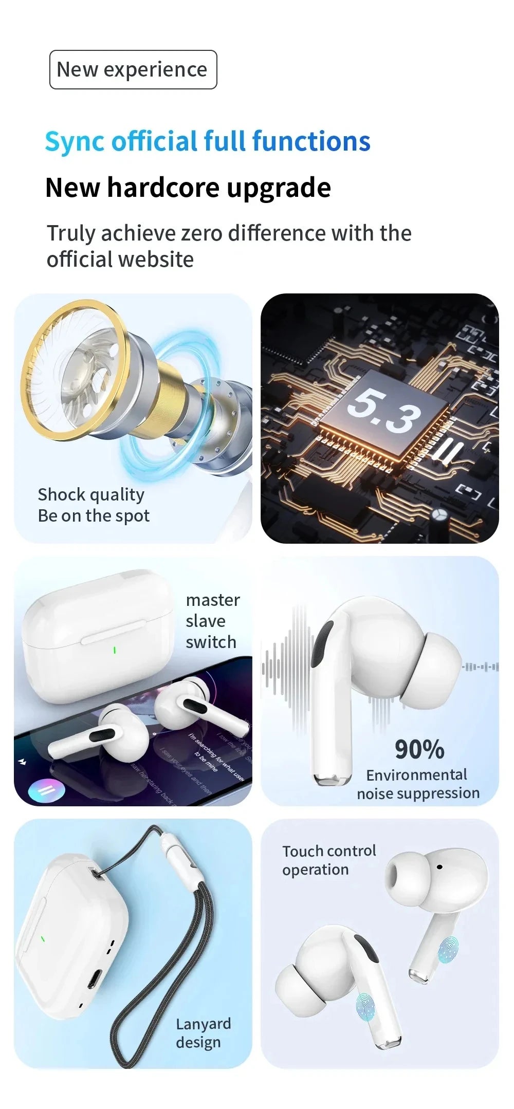 Pro 5 Wireless Earbuds features – Bluetooth 5.3, master-slave switch, touch control, lanyard design, and ergonomic fit.