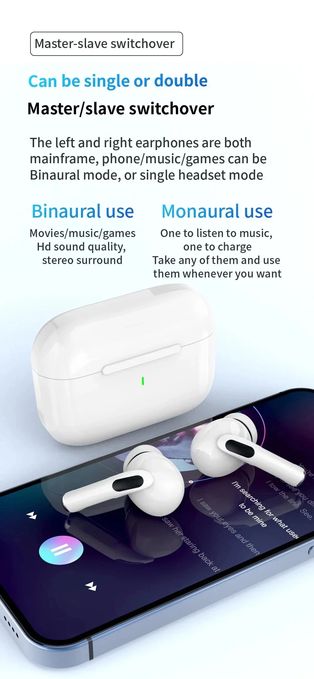 Pro 5 Wireless Earbuds with charging case – single or dual ear mode for flexible use