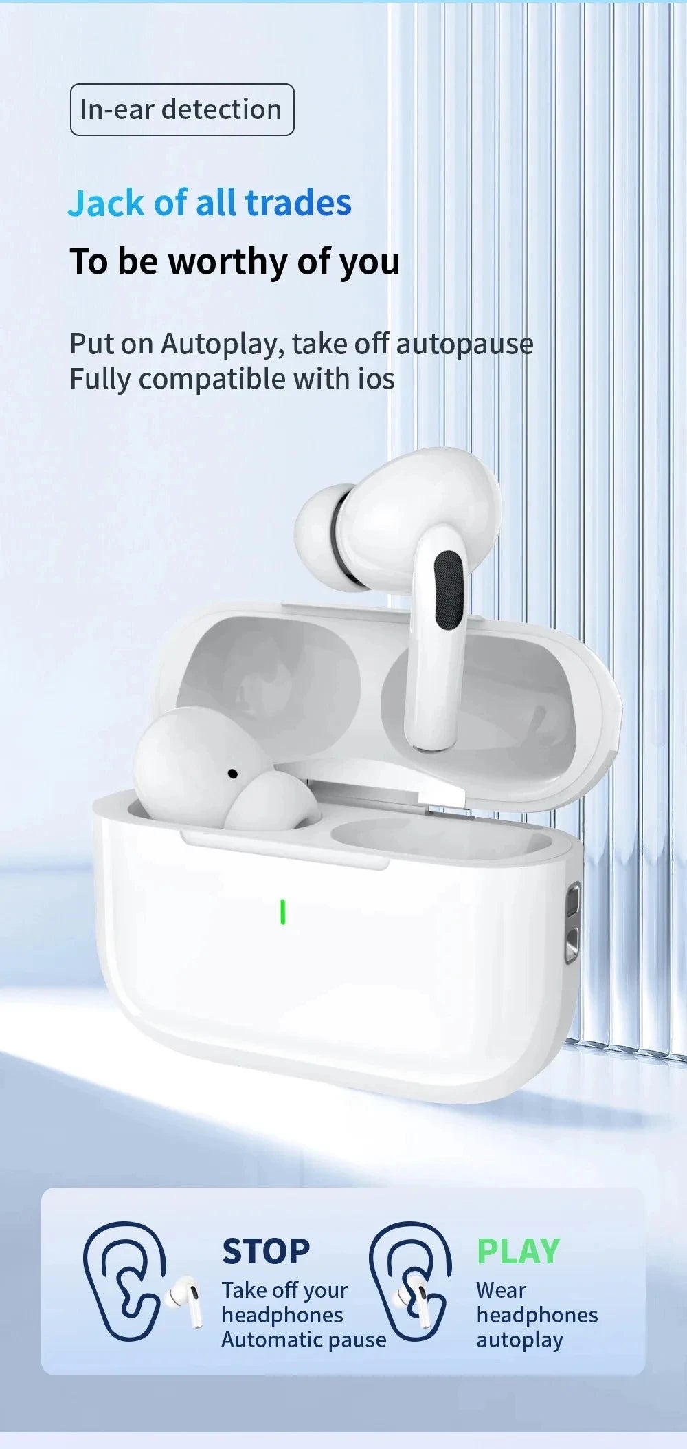 Pro 5 Wireless Earbuds with charging case—in-ear detection with autoplay and autopause