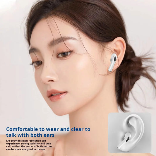 Pro 5 Wireless Earbuds worn on ear – comfortable ergonomic design for clear calls.