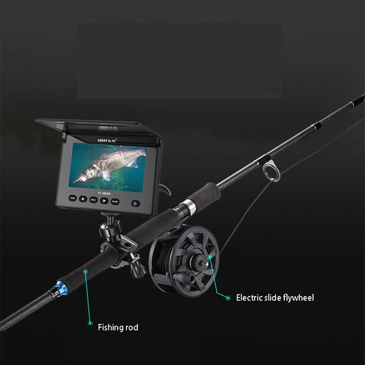 “HD underwater fish finder camera with LCD display mounted on fishing rod