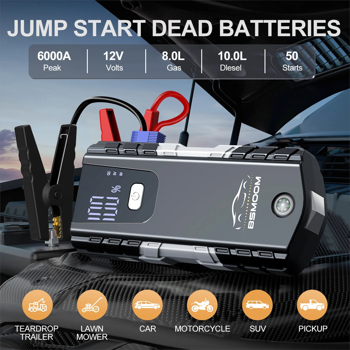 Jump starter device with specifications and uses displayed on a car hood.