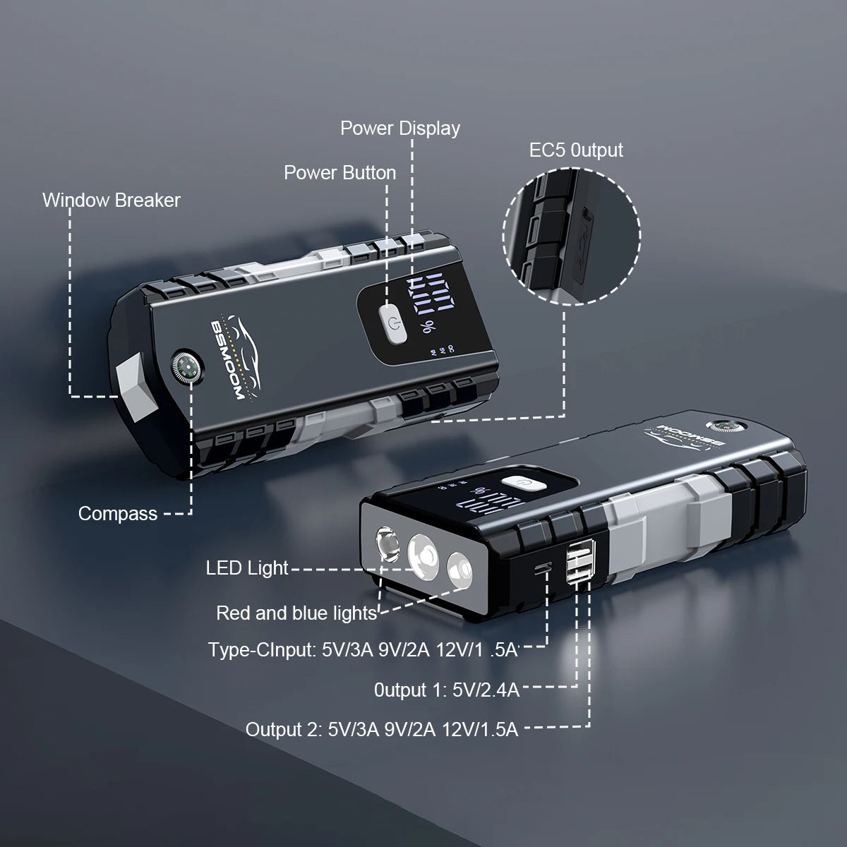 Power bank with labeled features on a dark background