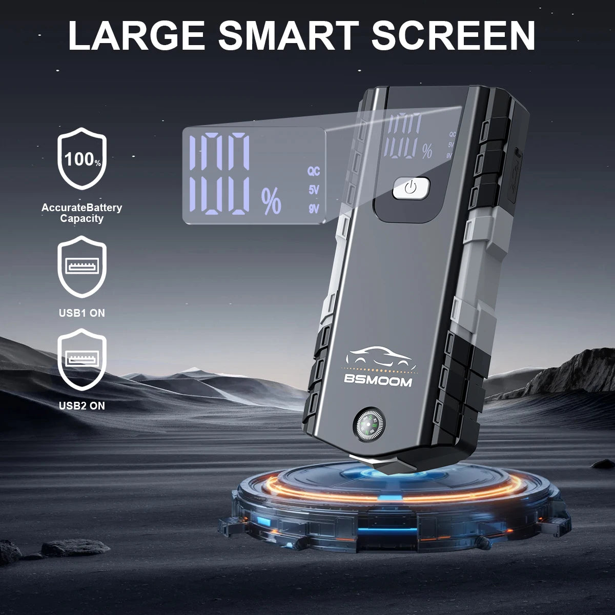 Portable power station with large smart screen and charging indicators on a desert background