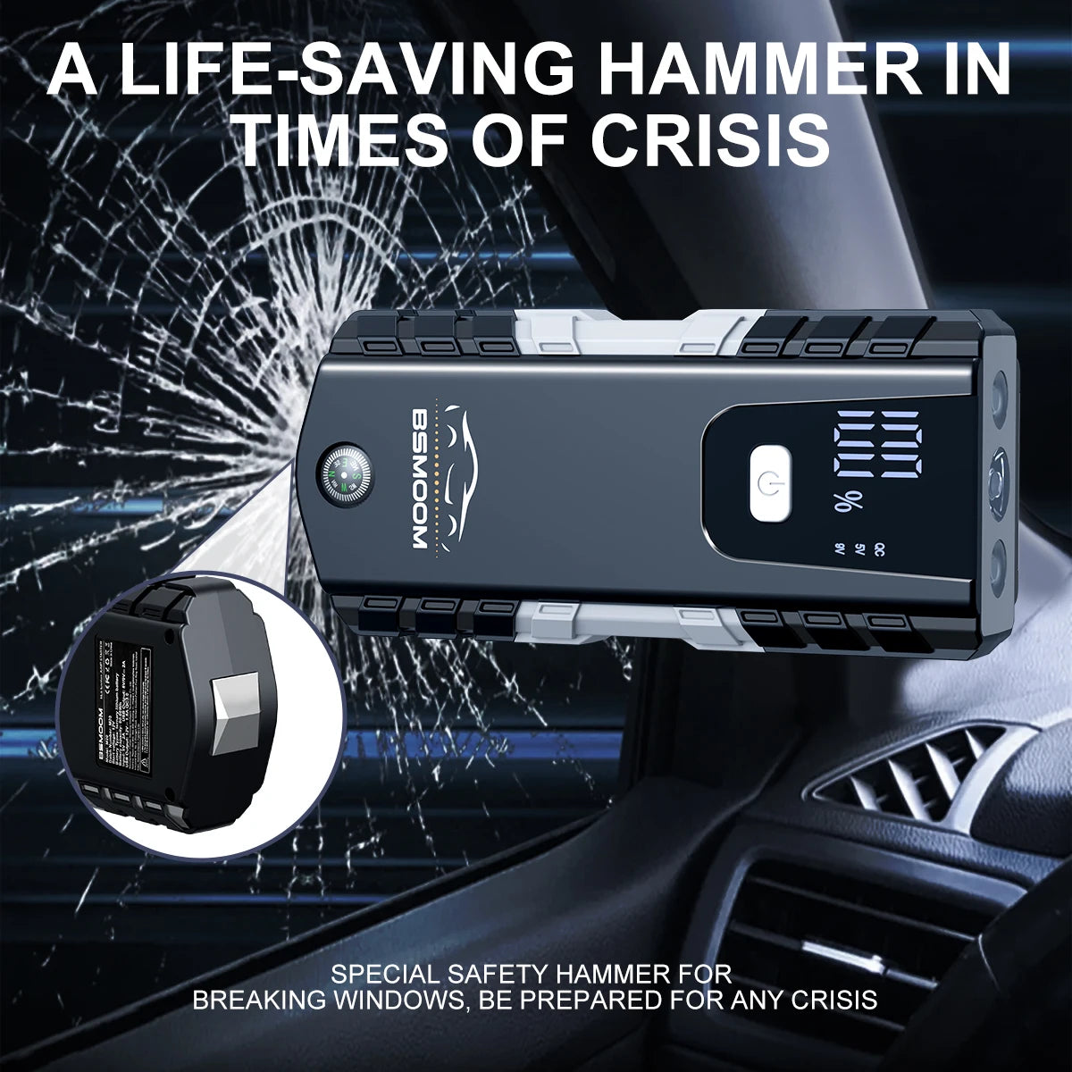 Car jump starter with safety hammer feature on a car dashboard background