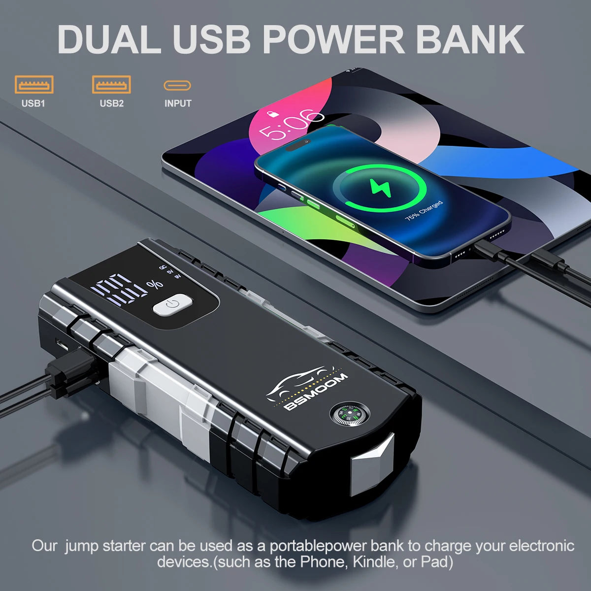 Dual USB power bank with smartphone charging on a gray surface