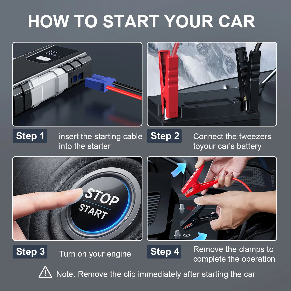 Step-by-step guide on how to start a car using a jump starter, with clear illustrations and text.