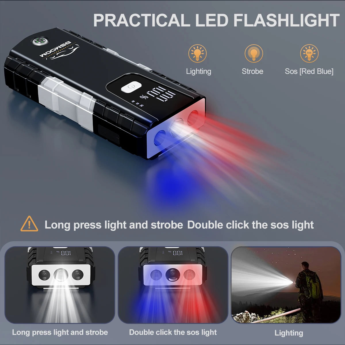 LED flashlight with multiple light modes on a dark background