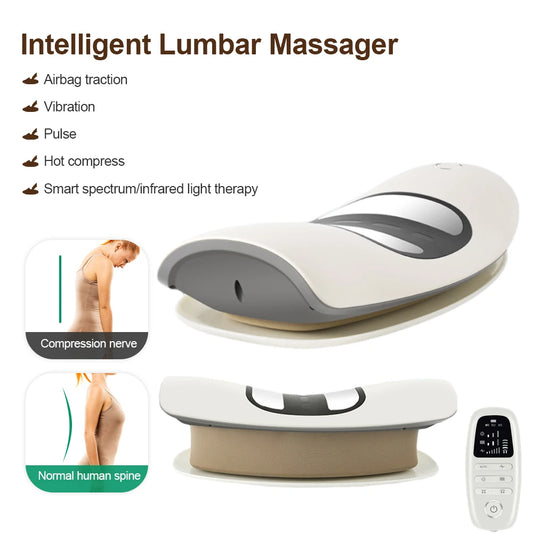 Intelligent white lumbar massager with heat, vibration, pulse, and infrared therapy – back pain relief device with remote control
