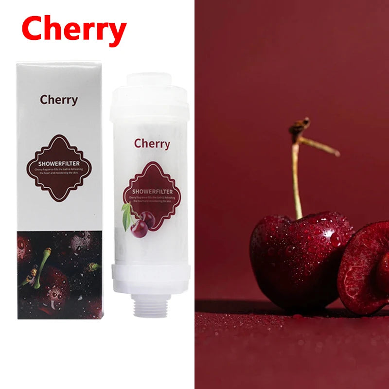Cherry-themed shower filter packaging with a cherry image on a red background