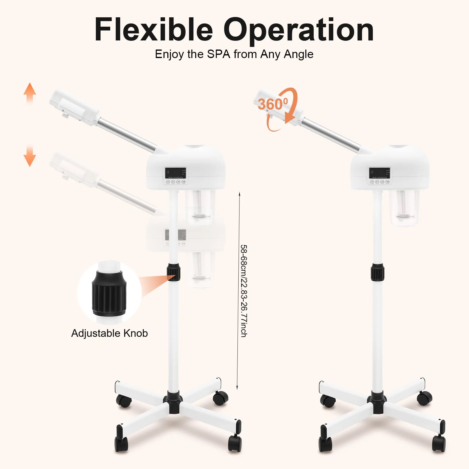 Adjustable stand with wheels and flexible operation features on a white background