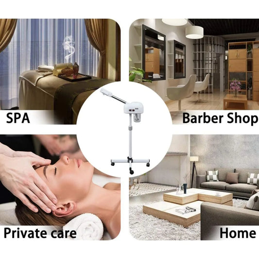 Collage of a massage table, salon interior, and home setting with text labels.