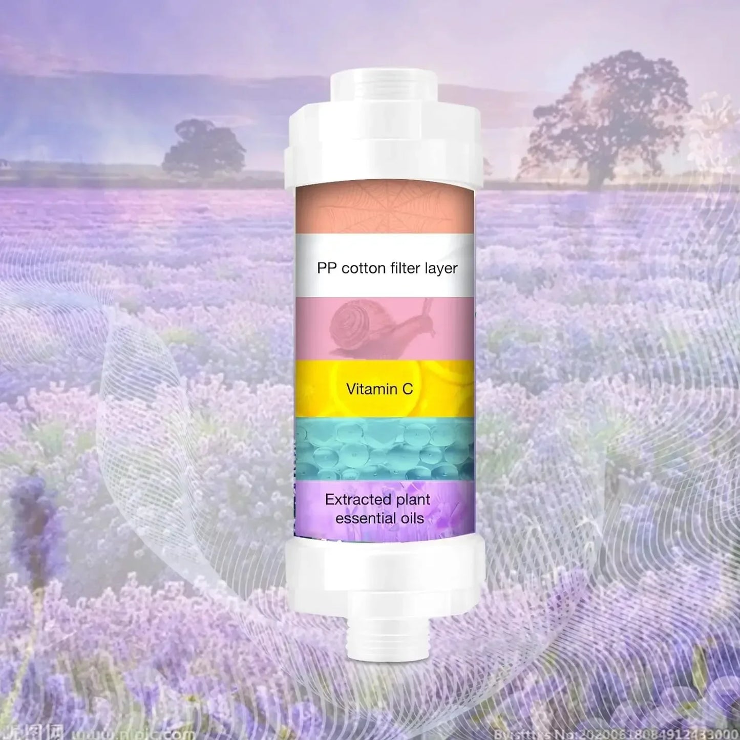 PP cotton filter layer with colorful labels against a blurred lavender field background
