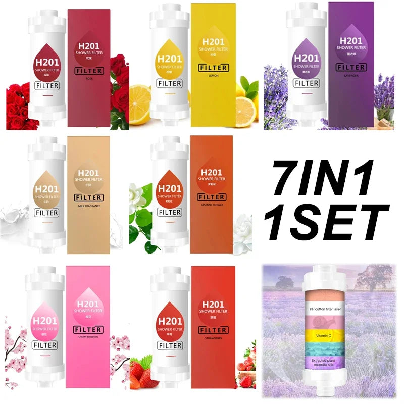 Collection of H201 filter packages in various colors with decorative elements on a white background.