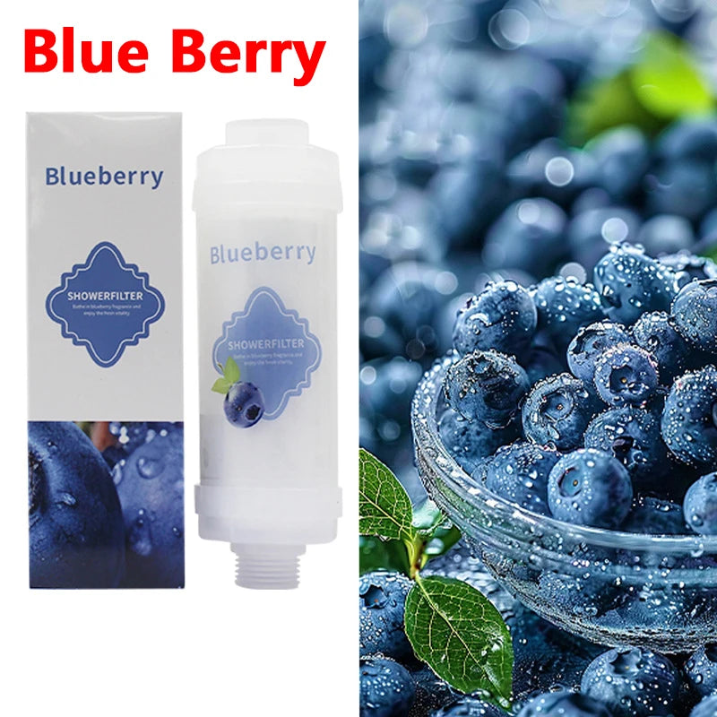 Blueberry-themed shower filter packaging with blueberries in a bowl on a white background