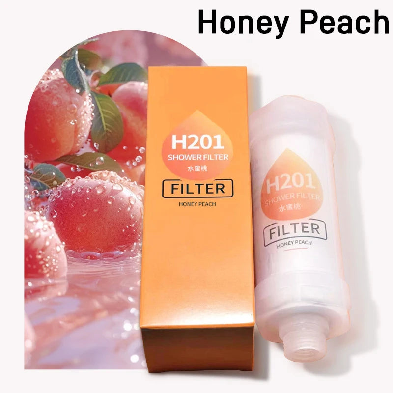 H201 Shower Filter packaging and bottle with honey peach flavor on a white background