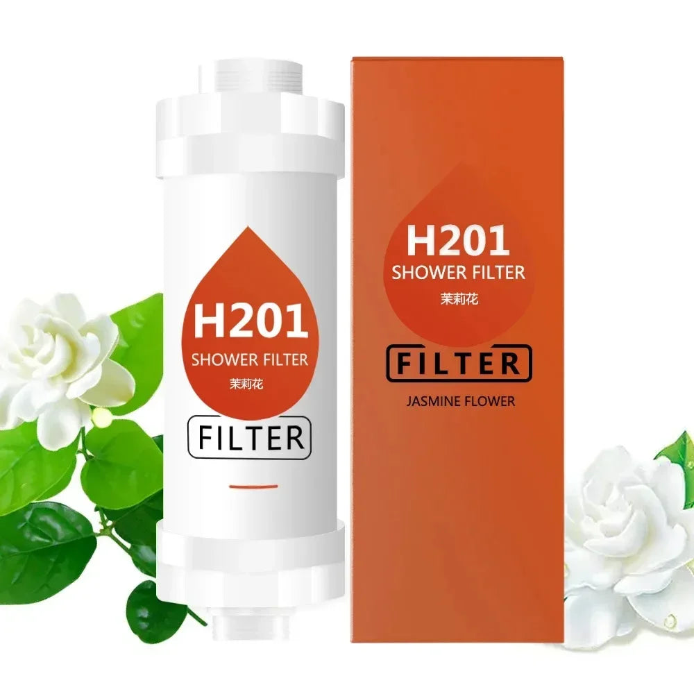H201 shower filter with packaging and jasmine flowers on a white background