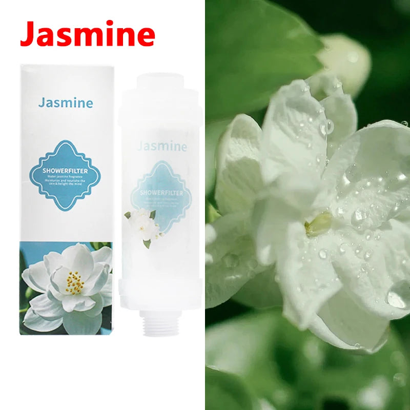 Jasmine shower filter packaging with a close-up of jasmine flowers.