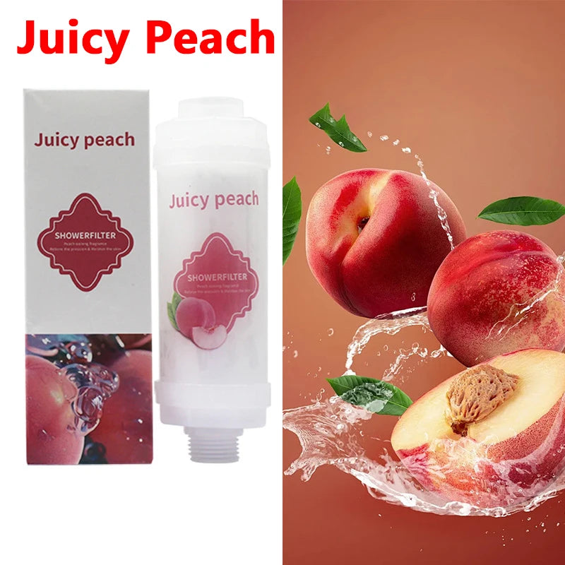 Juicy Peach shower filter packaging with peaches and water droplets on a brown background
