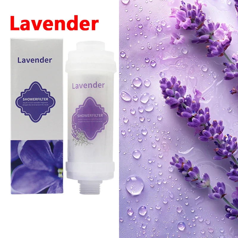 Lavender shower filter packaging with lavender flowers and water droplets on a white background