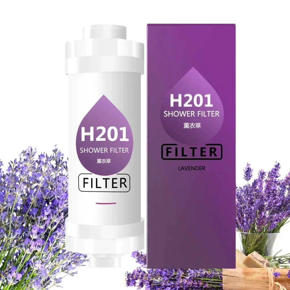 H201 shower filter with packaging and lavender flowers on a white background