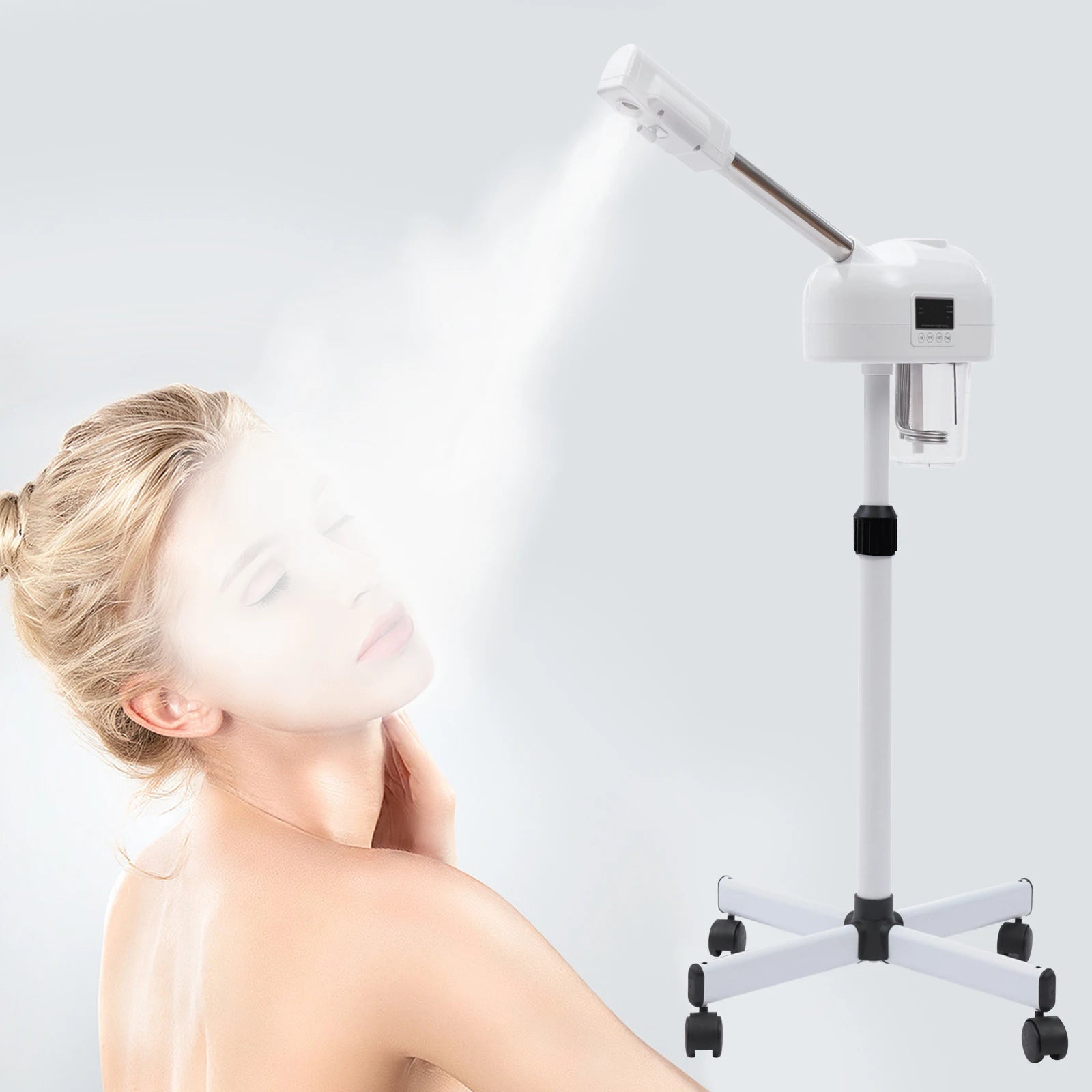 Woman receiving facial tre atment with a skincare machine on a white background