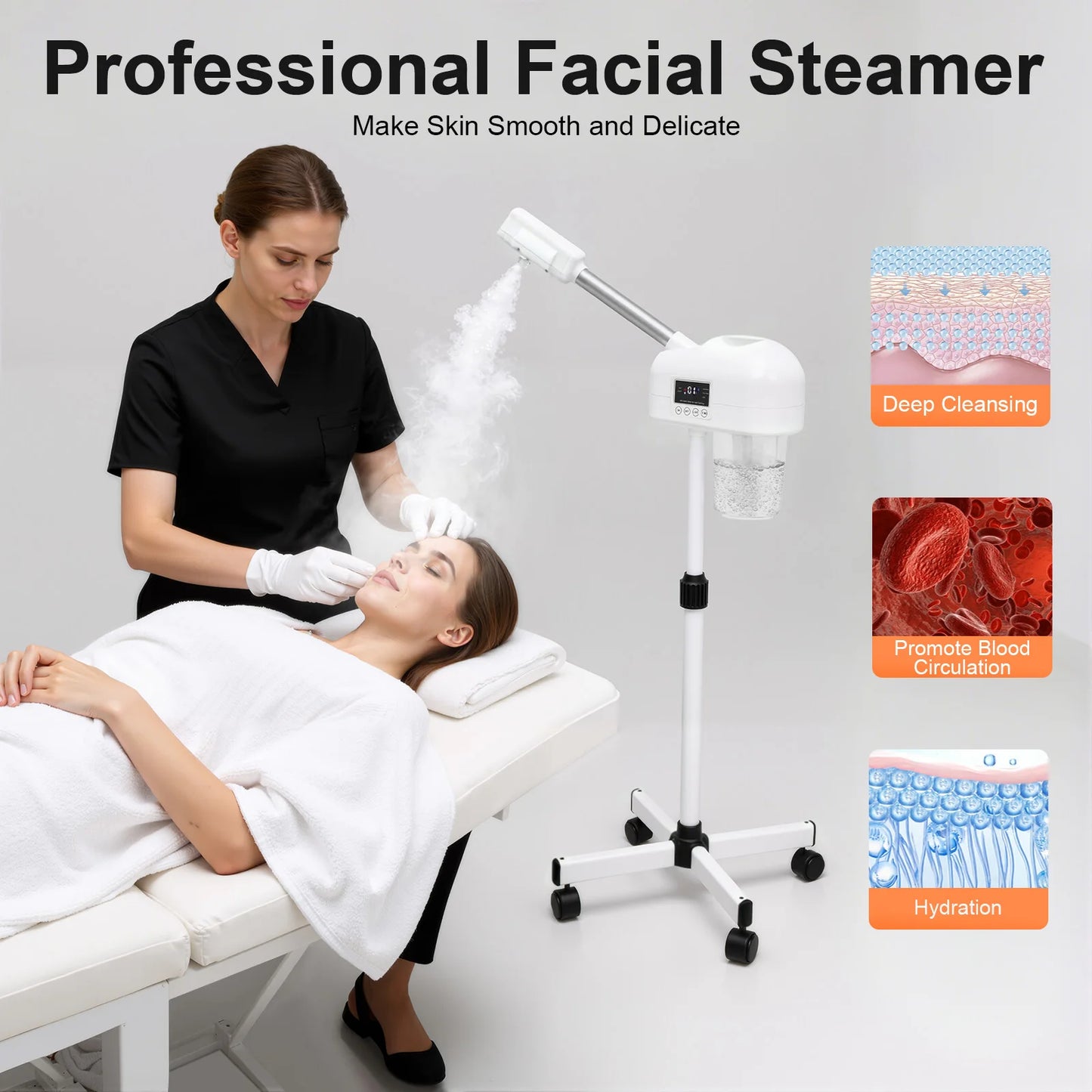 Professional facial steamer being used on a client with text highlighting benefits.