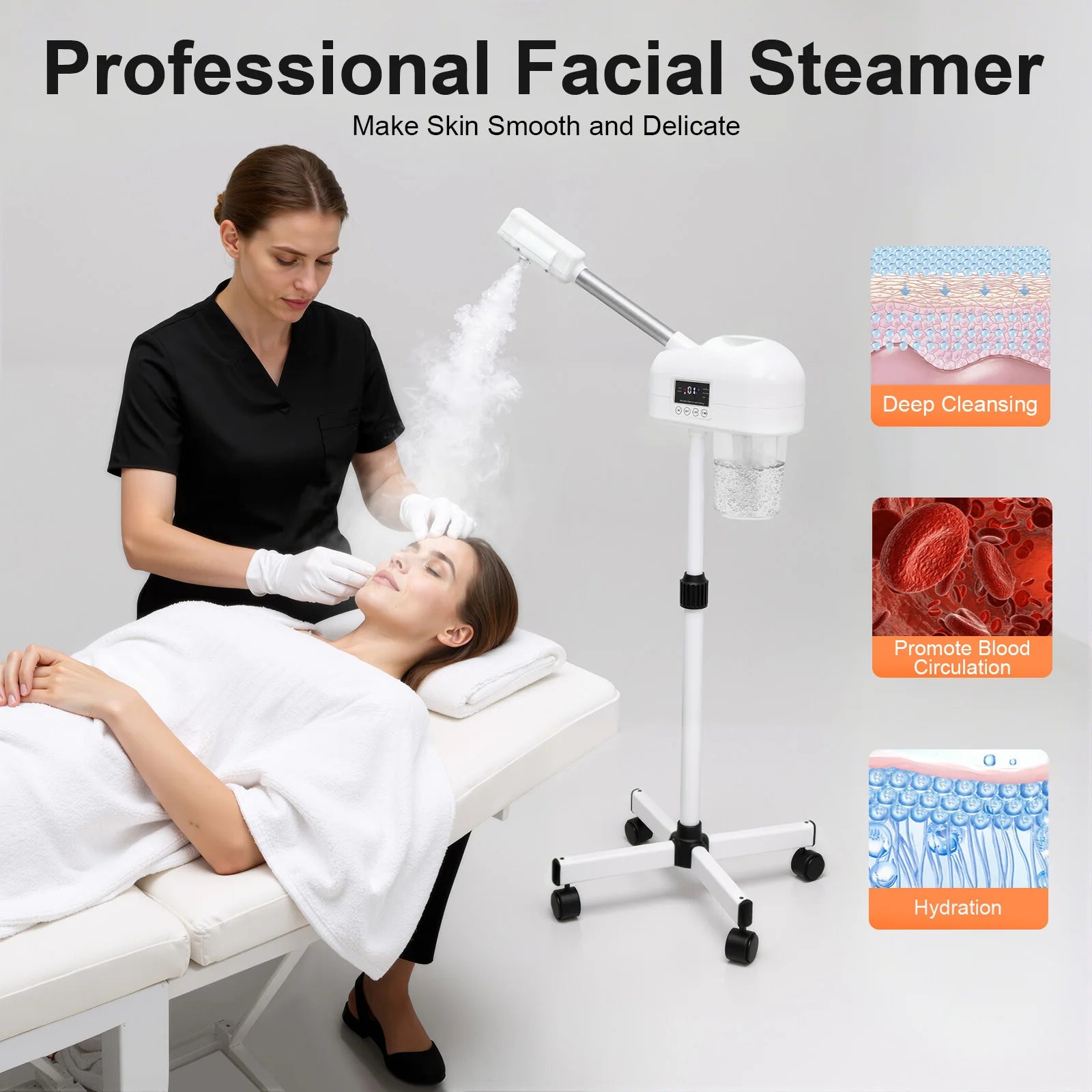 Professional facial steamer being used on a client with text highlighting benefits.