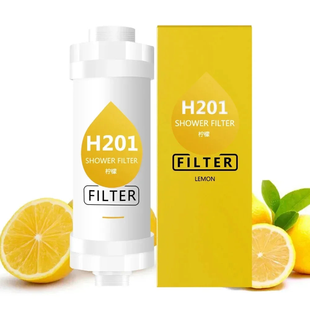 H201 shower filter with packaging and lemons on a white background