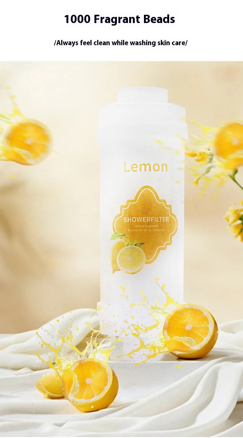 Lemon vitamin C shower filter with fresh citrus slices on a light beige background