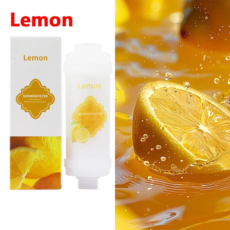 Lemon-themed shower filter packaging with a sliced lemon in water on a white background.