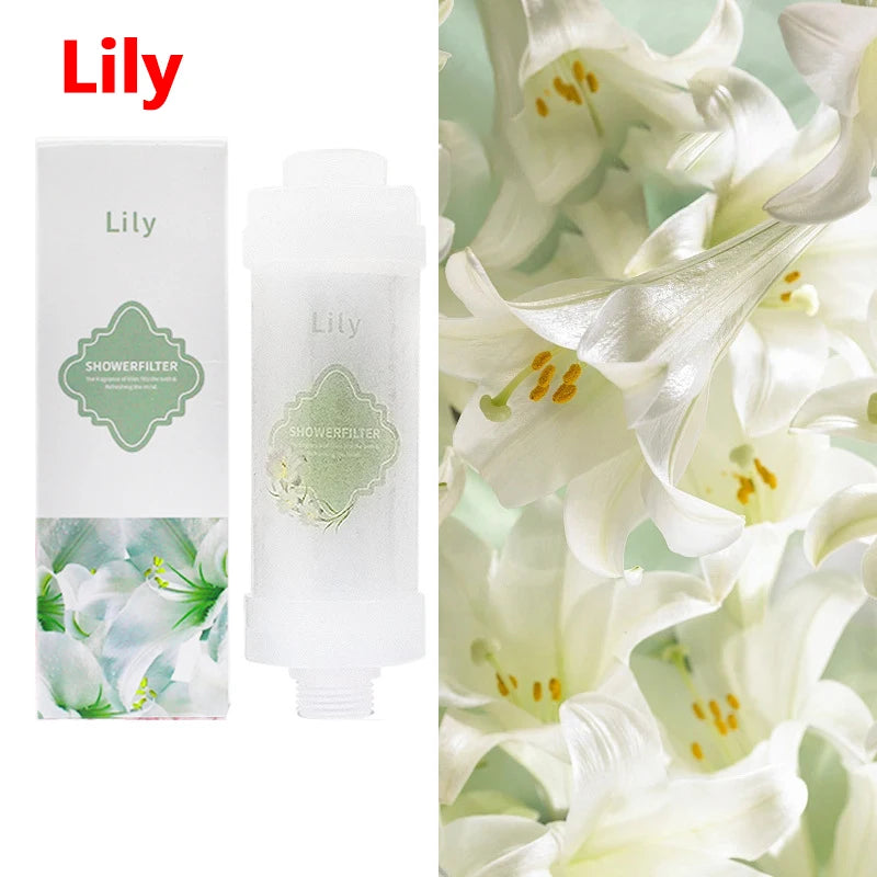 Lily-themed shower filter packaging with close-up of white lilies.