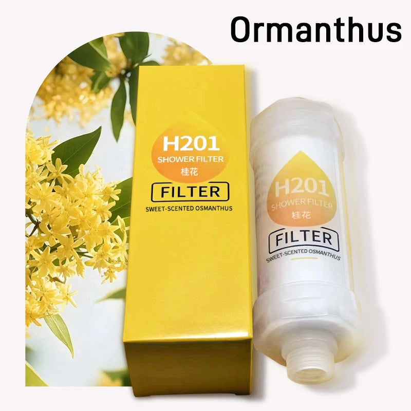 Ormanthus H201 Shower Filter packaging and bottle with osmanthus flowers in the background