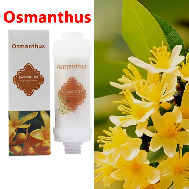 Osmanthus shower filter packaging with flowers on a white background